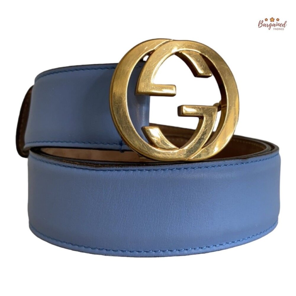 Authentic Gucci Blue Calfskin Leather Gold Interlocking G Buckle Belt 85/34